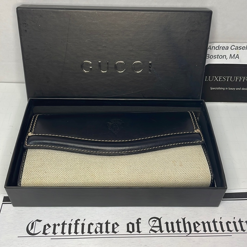 Authentic GUCCI crest black leather canvas long wallet with box and COA